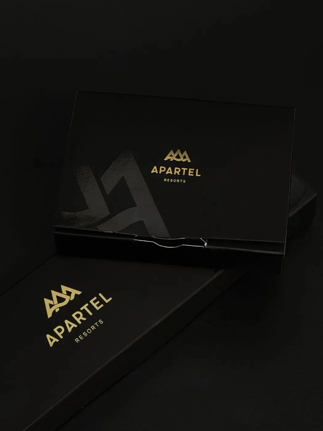 Apartel - золотий логотип на чорній коробці